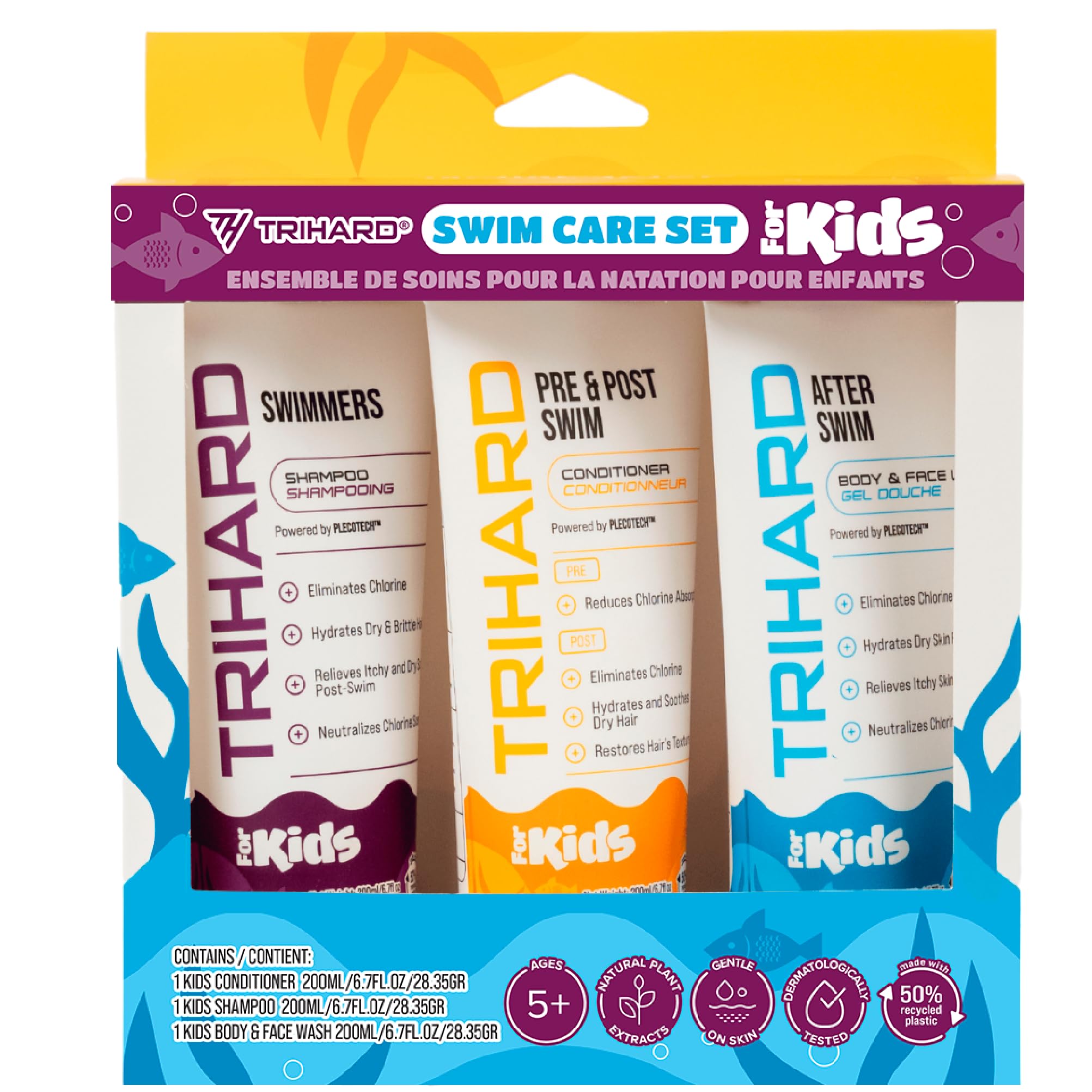 TRIHARD Essential Swim Care Kit For Kids, 3-in-1 Shampoo, Conditioner, Body Wash, Chlorine Shampoo for Swimmers, Leave-In Conditioner, Pool Essentials, Ultimate Swimming Hair Care for Kids